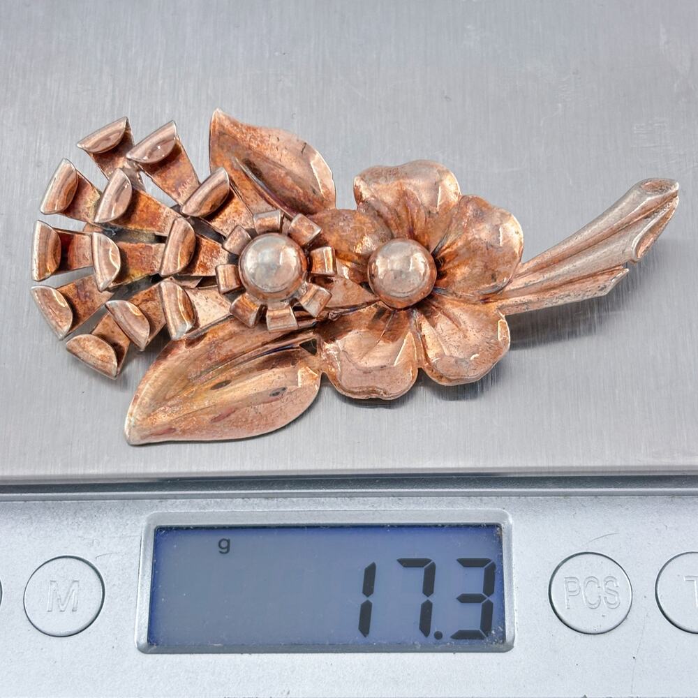 Vintage Rose Gold Vermeil Sterling 925 Silver Double Flower Brooch - Picture 9 of 9